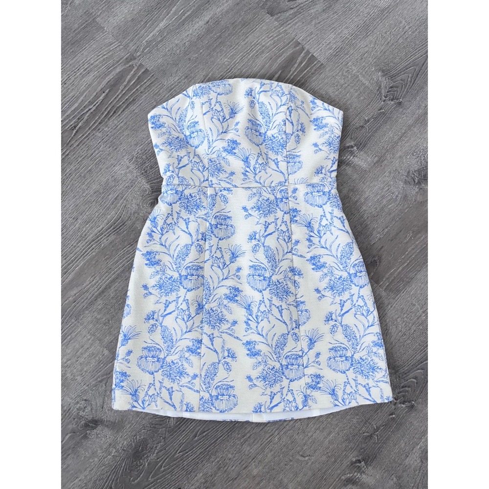 Wedding Dress Strapless Blue Floral Jacquard Mini Dress Toile Print size 6
